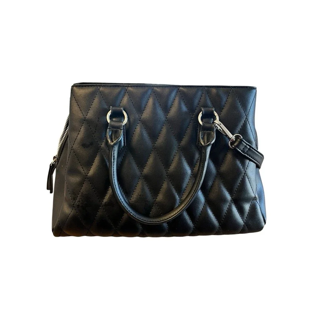 Nine West Black Quilted Satchel Top Handle Bag Detachable Strap Inner Pockets